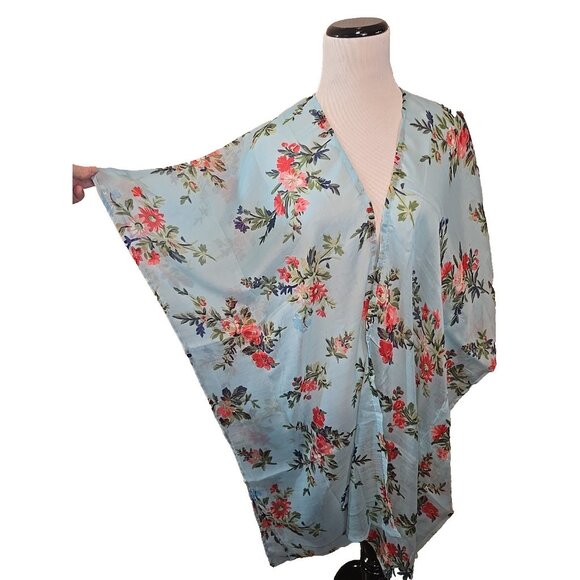 Raj Womens Top OS Blue Floral Open Duster Kimono Cover Up Boho Beachy New - Picture 2 of 11